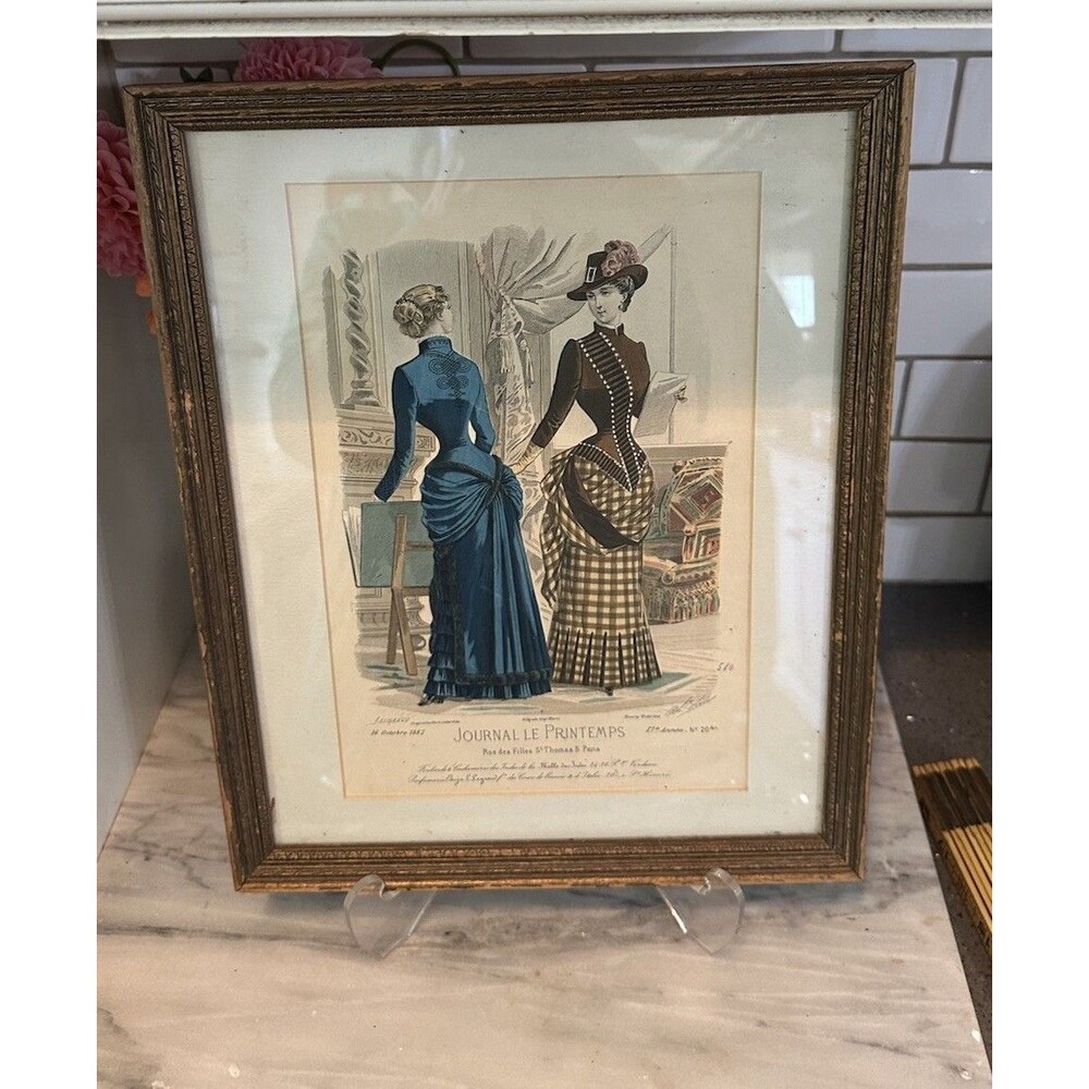 Antique French 1880 Fashion Plate La Mode Illustree Day Dresses Framed